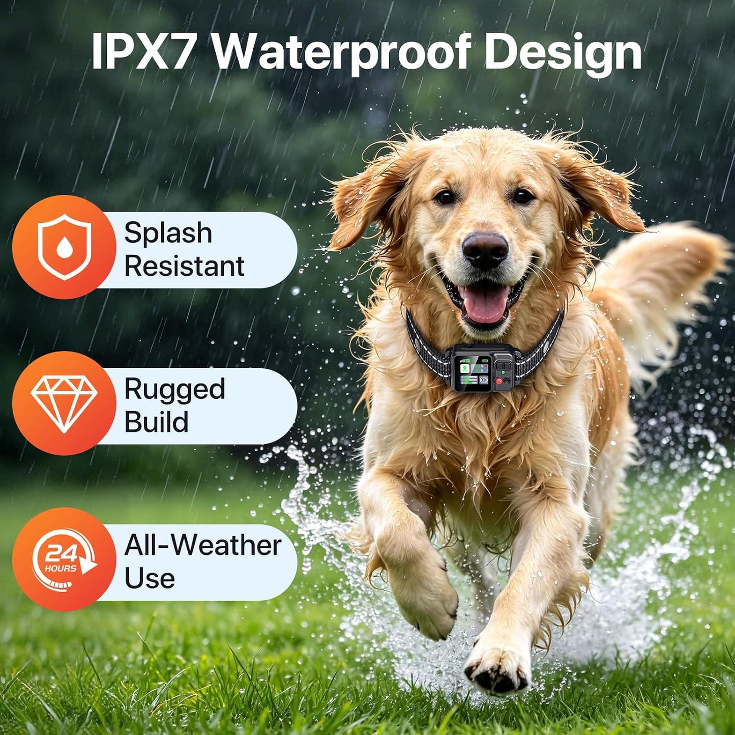 A golden retriever running through rain on grass wearing a waterproof dog collar. The image includes text overlays highlighting IPX7 waterproof design, splash resistance, rugged build, and all-weather use.